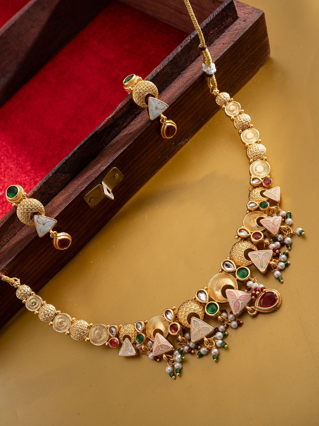 

PANASH Gold-Plated Stones-Studded & Beaded Jewellery Set