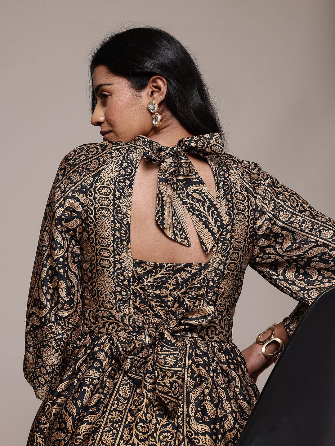 

Ritu Kumar Ethnic Motifs Print Tie-Up Neck Puff Sleeve Fit & Flare Maxi Dress, Black