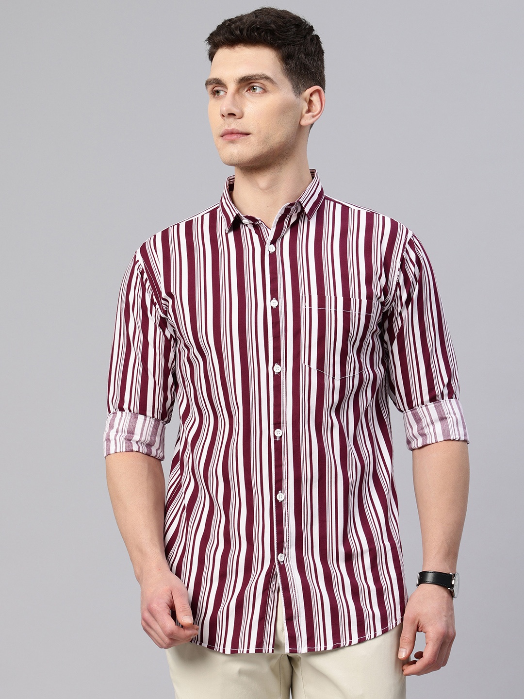 

Majestic Man Comfort Slim Fit Vertical Striped Pure Cotton Casual Shirt, Maroon