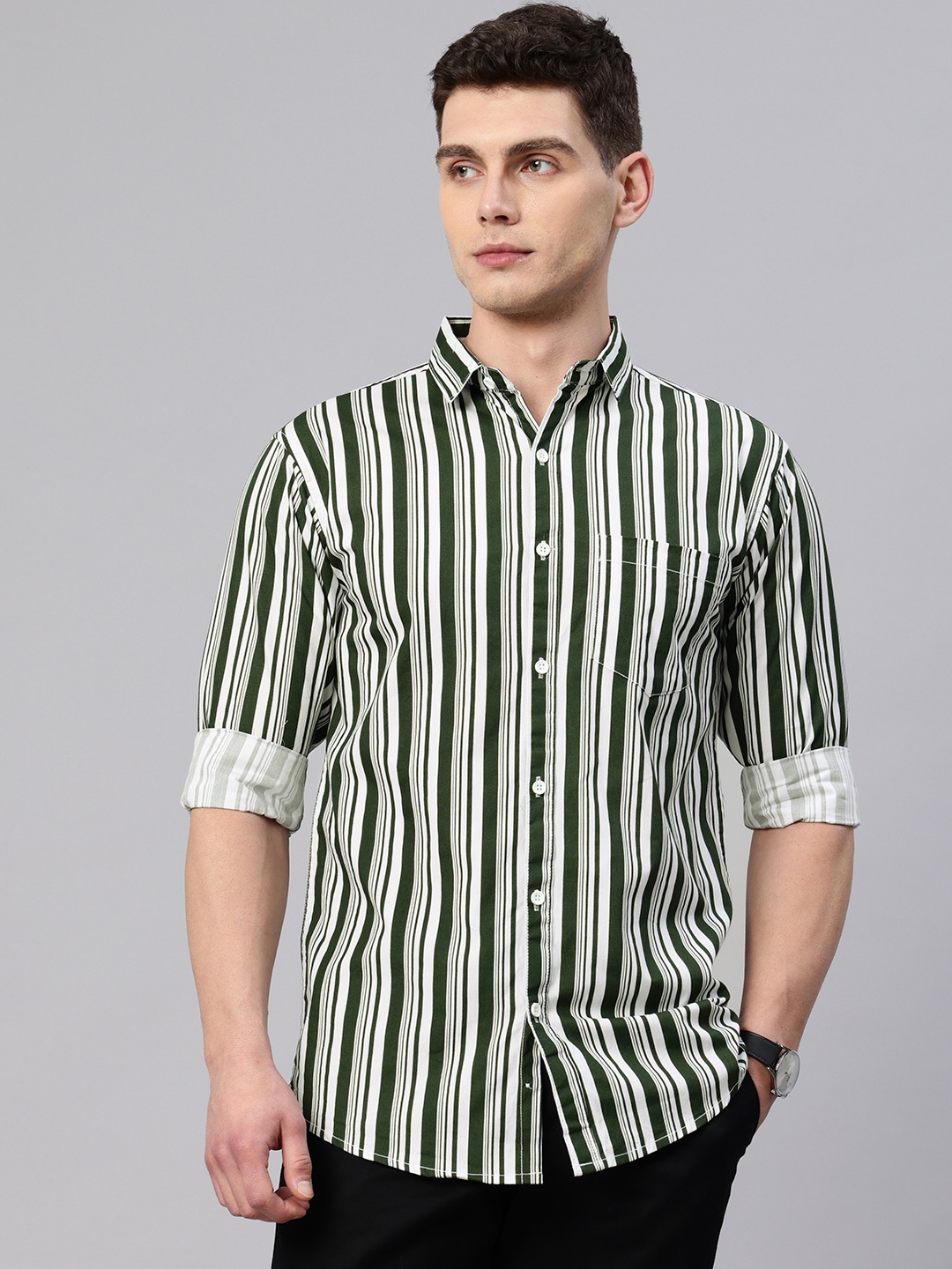 

Majestic Man Comfort Slim Fit Vertical Striped Pure Cotton Casual Shirt, Green