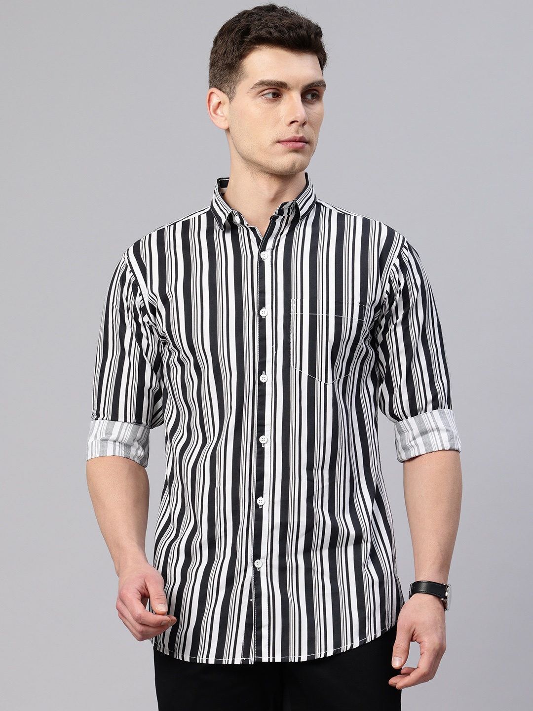 

Majestic Man Comfort Slim Fit Vertical Striped Pure Cotton Casual Shirt, Black