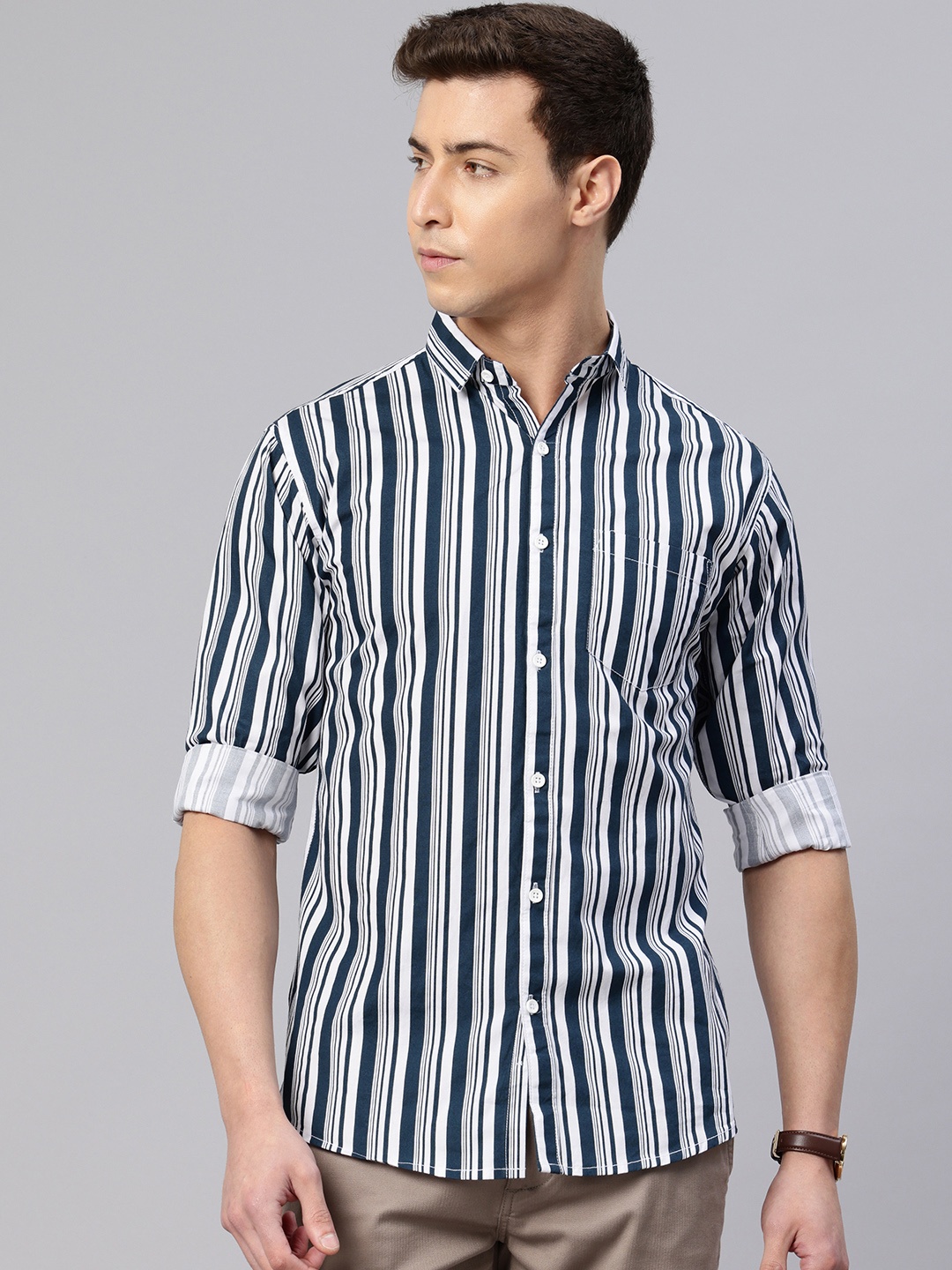 

Majestic Man Comfort Slim Fit Vertical Striped Pure Cotton Casual Shirt, Navy blue