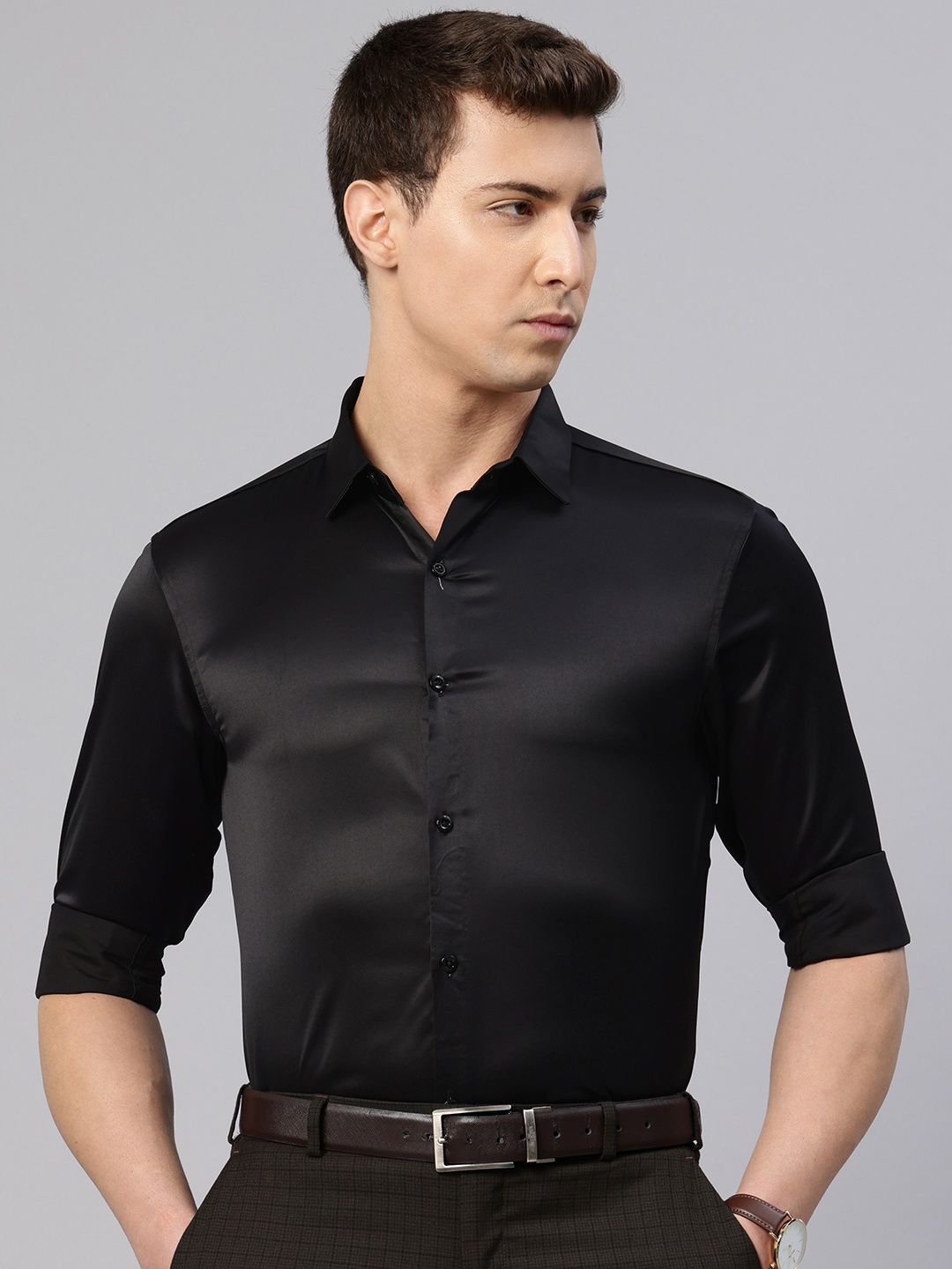 

Majestic Man Modern Solid Satin Slim Fit Formal Shirt, Black