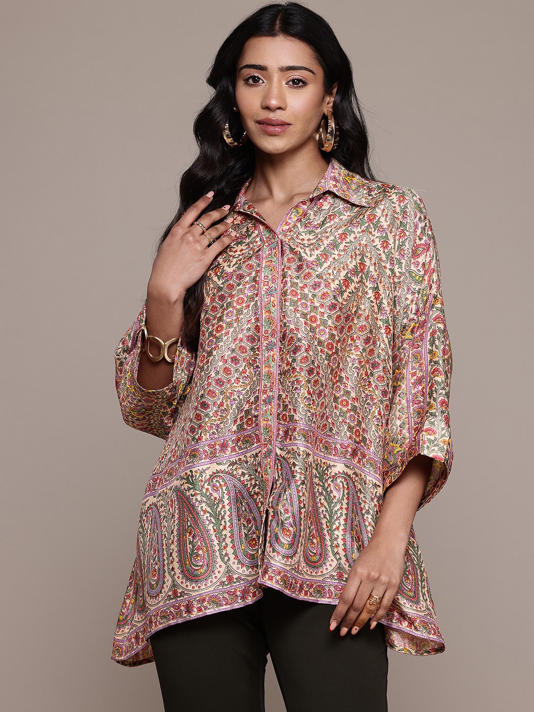 

Ritu Kumar Floral Printed Batwing Sleeve Ethnic Pure Silk Shirt Style Top, Off white