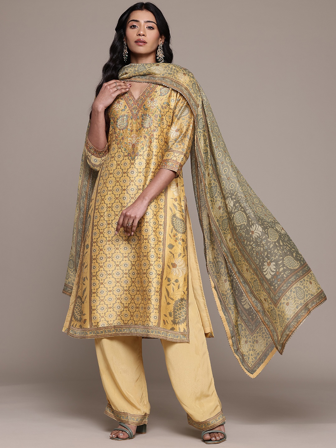 

Ritu Kumar Ethnic Motifs Printed Sequinned Kurta with Trousers & With Dupatta, Yellow