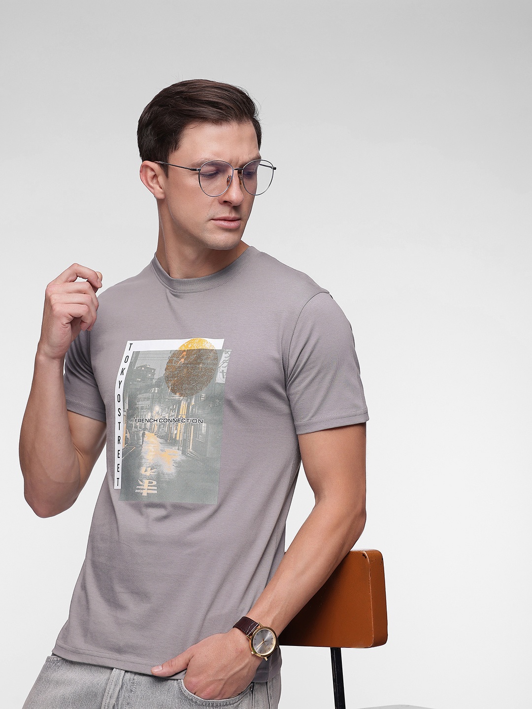 

French Connection Men Graphic Printed Pure Cotton T-shirt, Grey