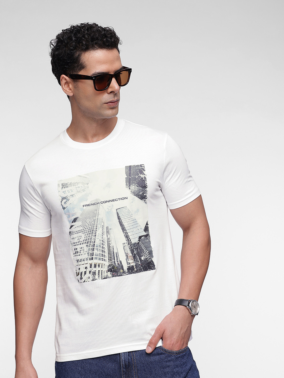 

French Connection Men Graphic Printed Pure Cotton T-shirt, White