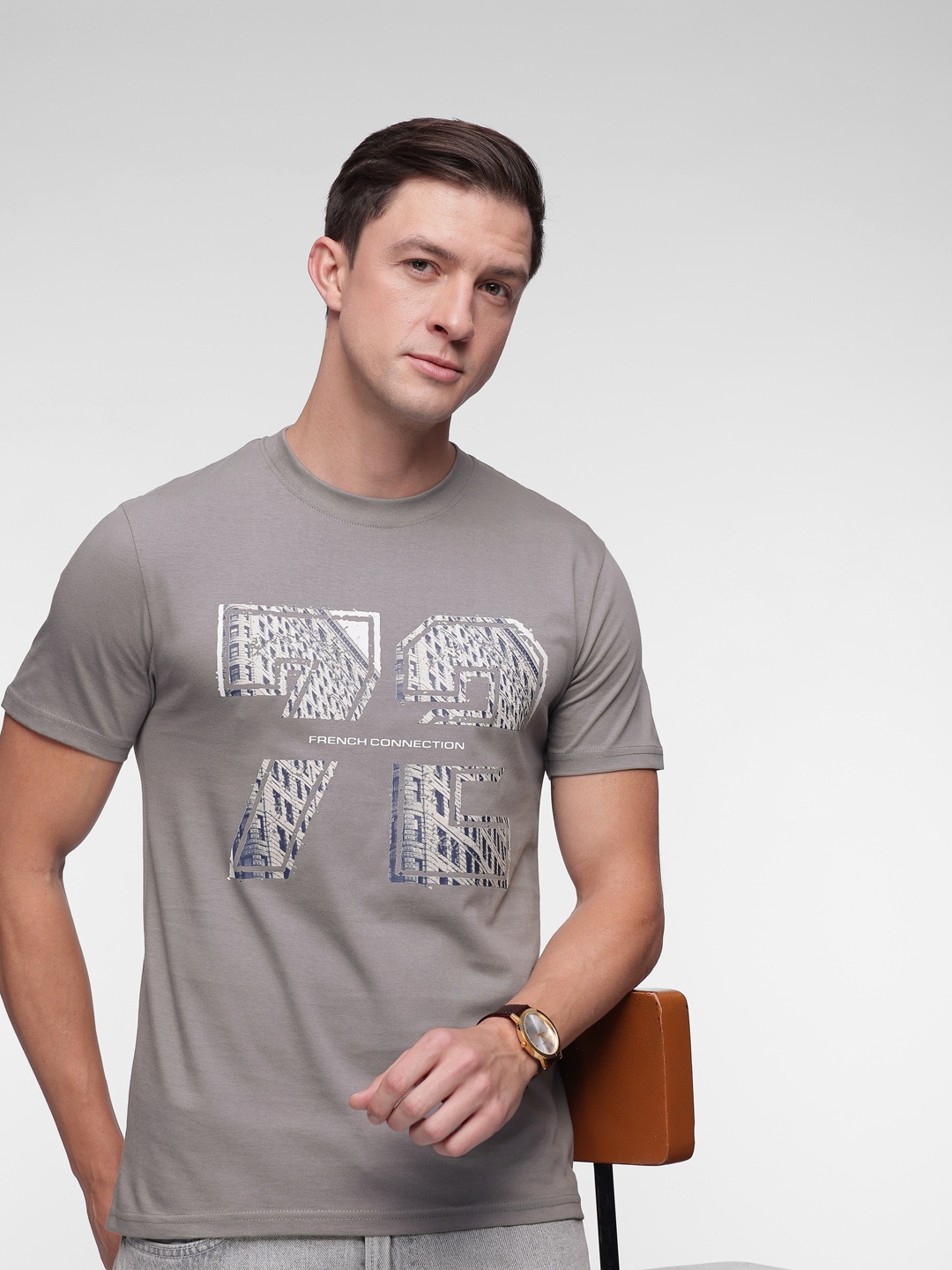 

French Connection Graphic Printed Pure Cotton T-shirt, Grey