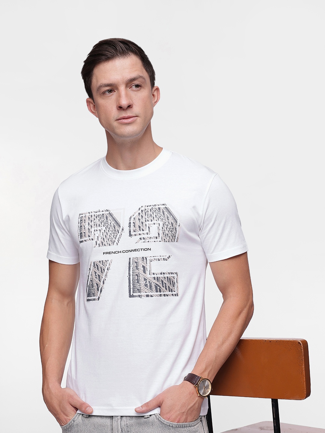 

French Connection Men Graphic Printed Pure Cotton T-shirt, White
