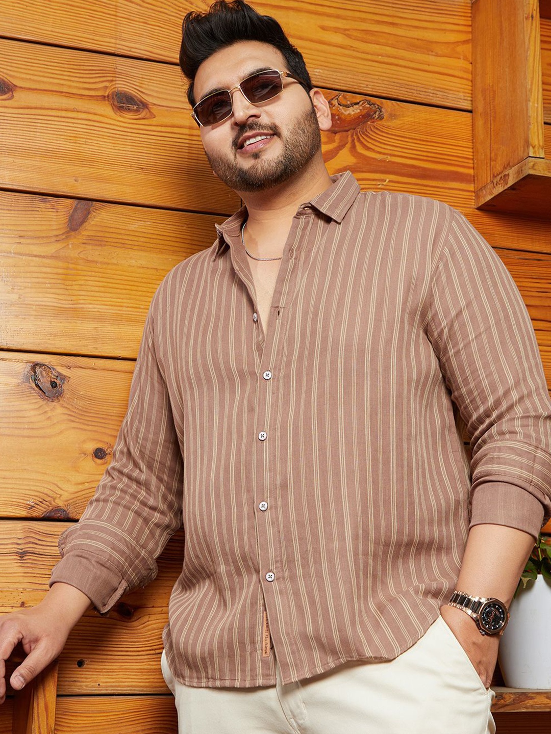 

Instafab Plus Men Comfort Multi Stripes Opaque Striped Casual Shirt, Brown
