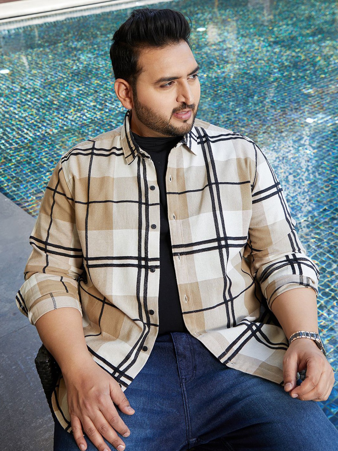 

Instafab Plus Men Comfort Opaque Checked Casual Shirt, Beige