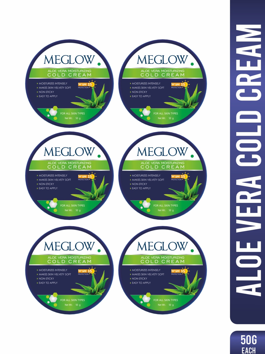 

MEGLOW Set Of 6 Aloe Vera Moisturizing Cold Cream - 50 g Each, White