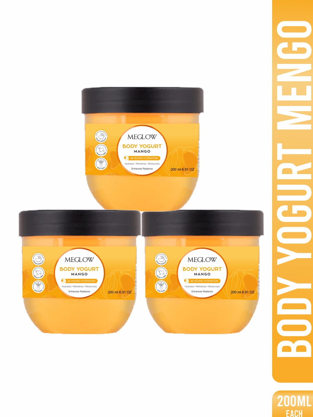 

MEGLOW Set Of 3 Mango Yogurt 48Hrs Hydrating & Moisturizing Body Cream - 200 ml Each, Yellow