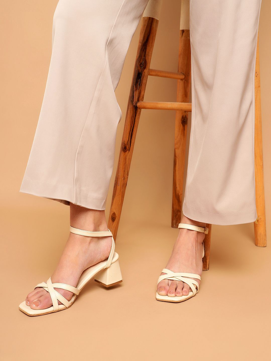 

Truffle Collection PU Block Sandals with Buckles, Beige