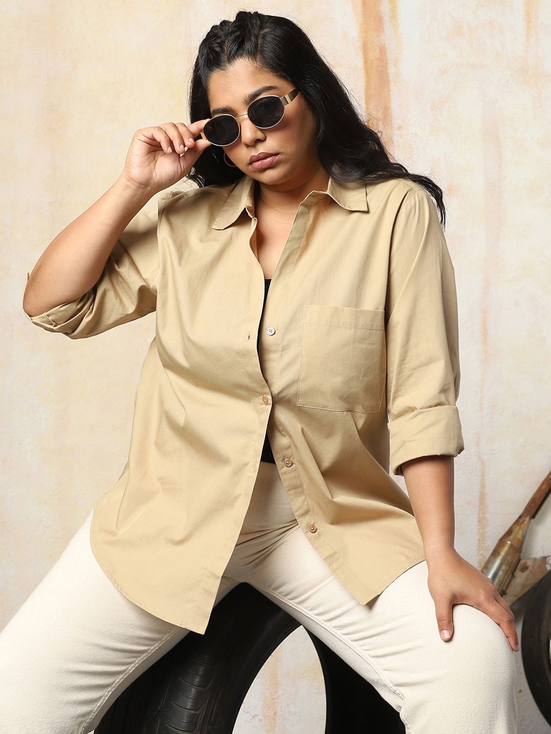 

Freeform by High Star Women Oversized Fit Opaque Casual Cotton Shirt, Beige