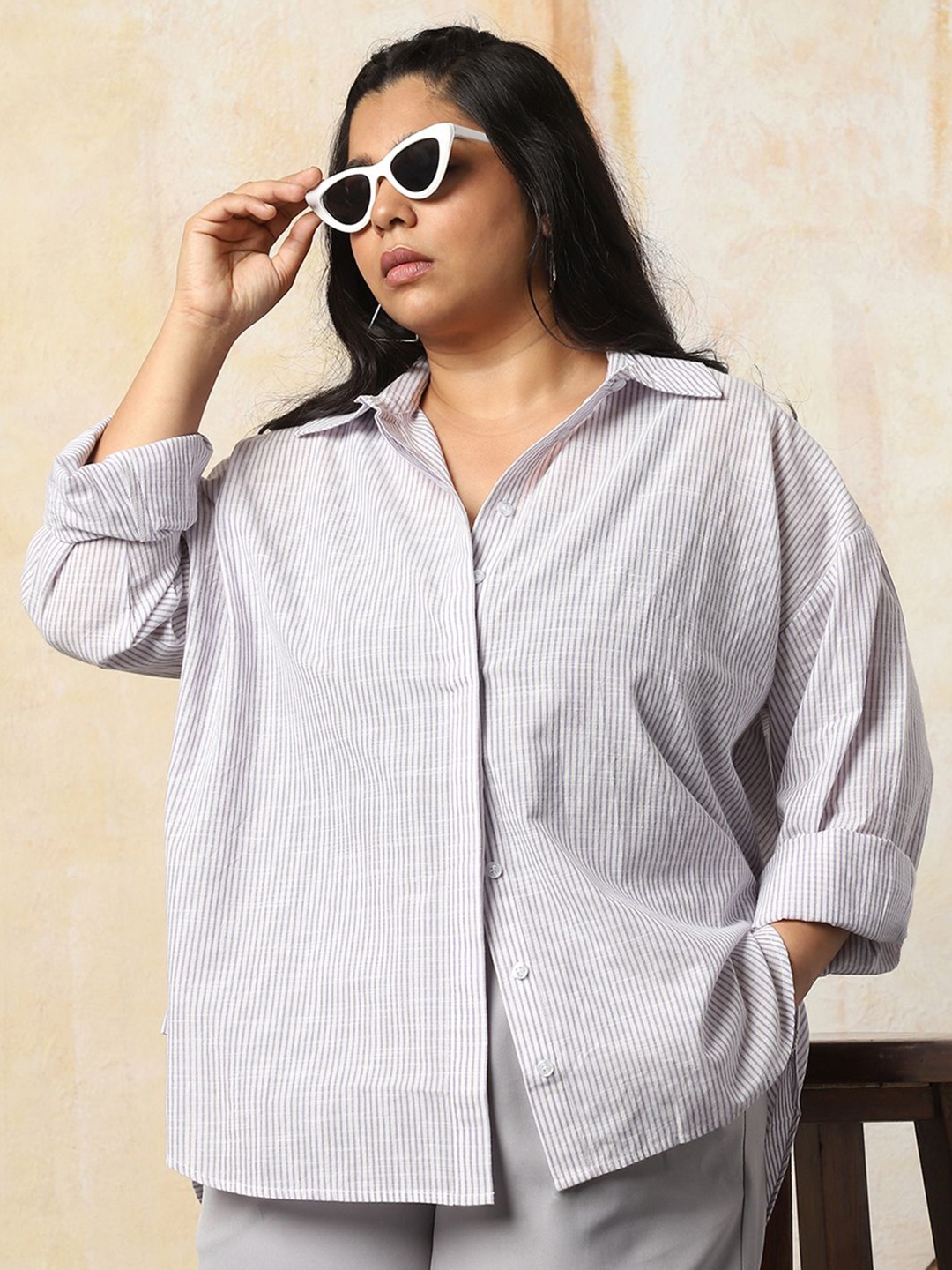 Freeform by High Star Women Oversize Fit Opaque Striped Casual Shirt, Purple