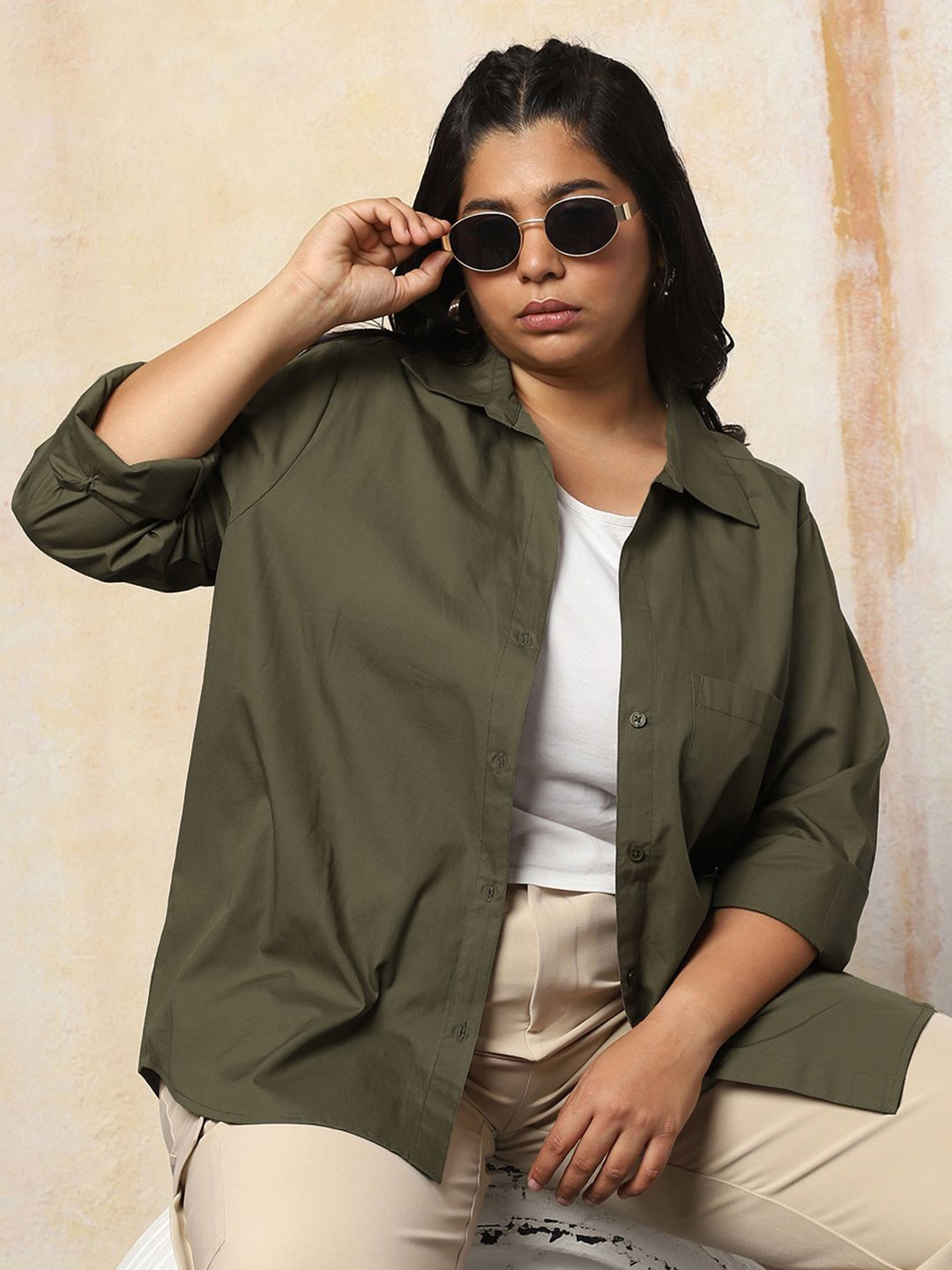 

Freeform by High Star Women Oversized Fit Opaque Casual Cotton Shirt, Olive