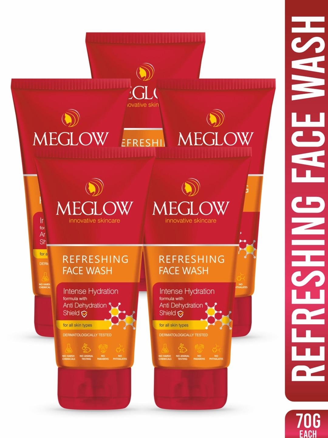 

MEGLOW Inovative Skincare Set Of 5 Intense Hydration Refreshing Face Wash- 70 g Each, Red