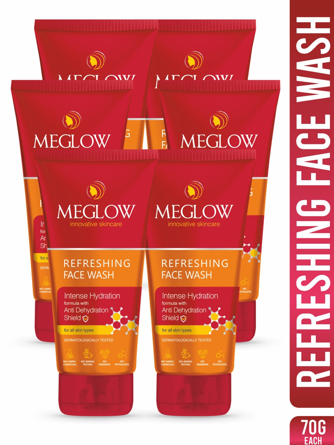 

MEGLOW Inovative Skincare Set Of 6 Intense Hydration Refreshing Face Wash- 70 g Each, Red
