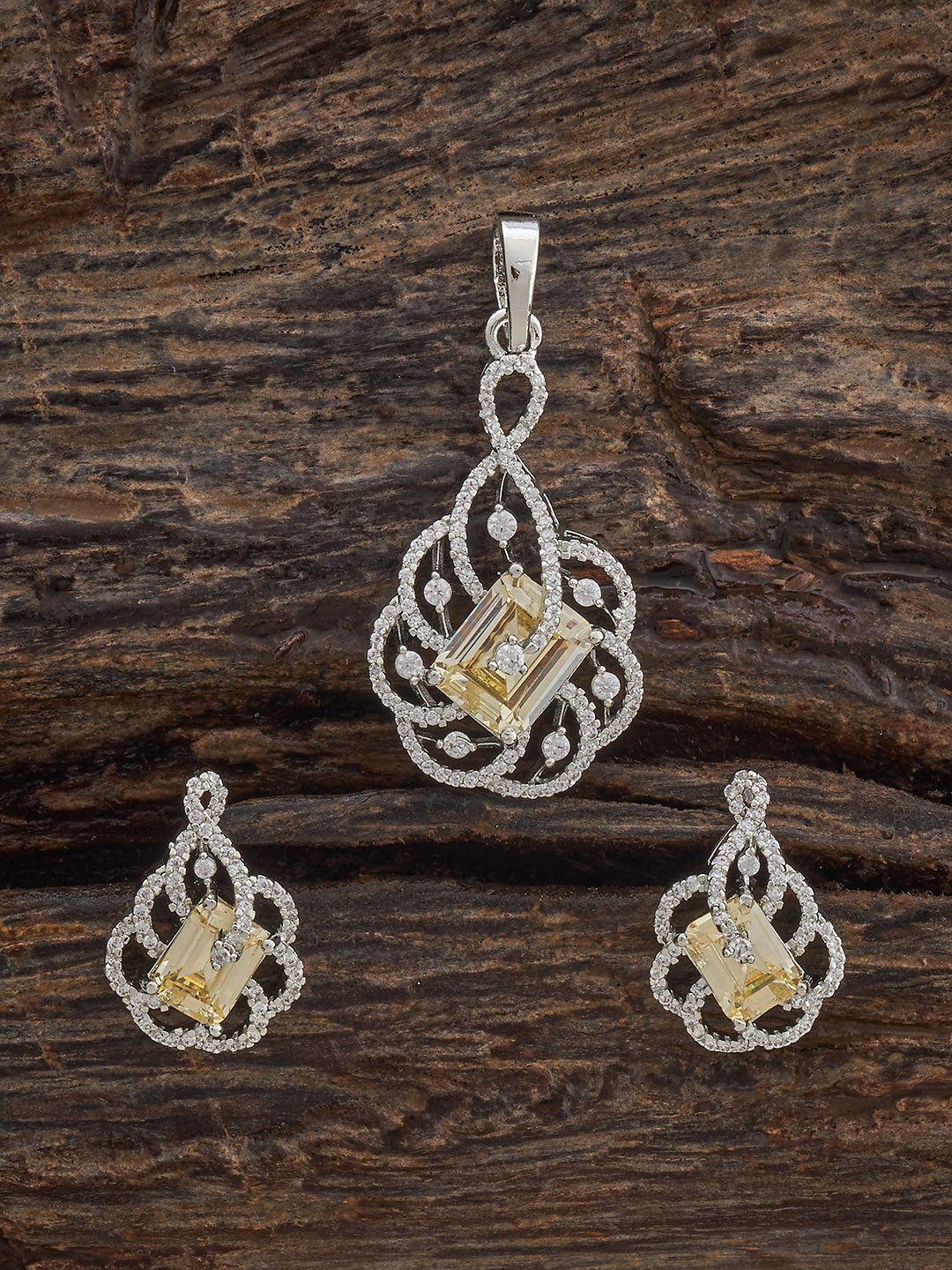 

Kushal's Fashion Jewellery Yellow Rhodium-Plated Party Zircon Pendant Set, Silver