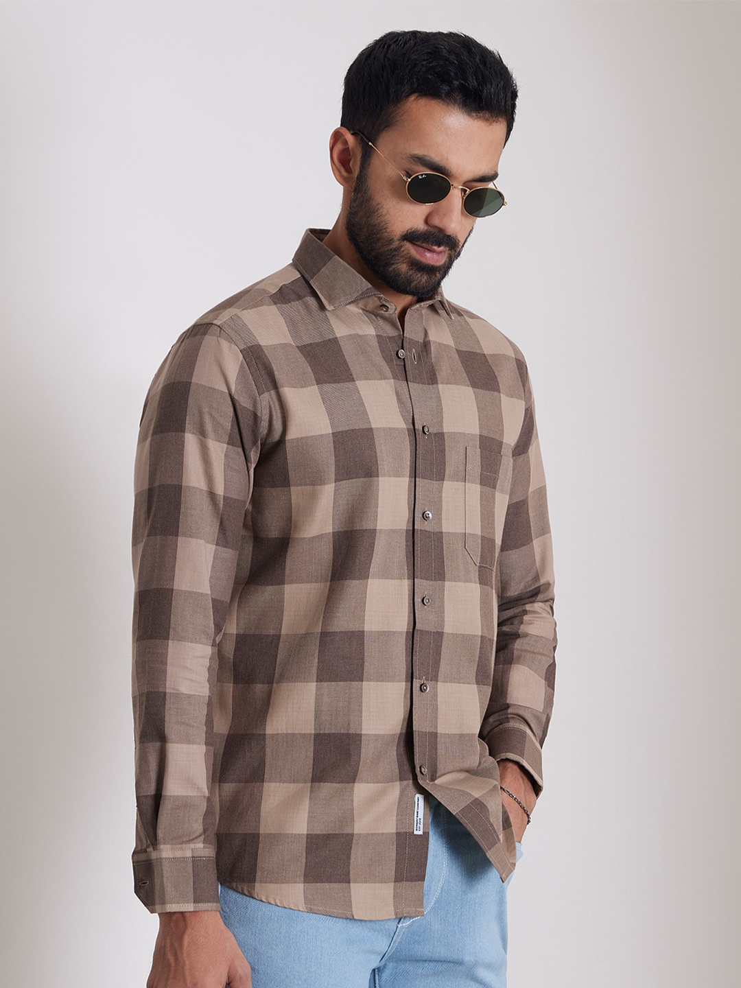 

Bombay Shirt Company Men Custom Tailored Fit Opaque Checked Casual Shirts, Khaki