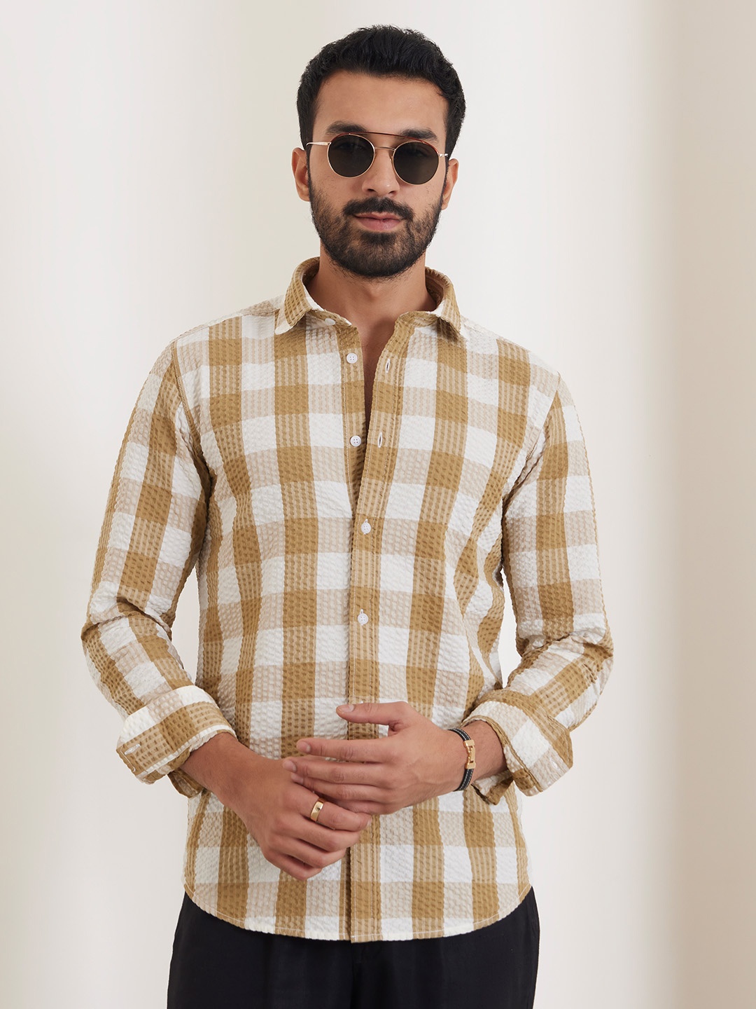 

Bombay Shirt Company Men Custom Tailored Fit Opaque Checked Casual Shirts, Beige