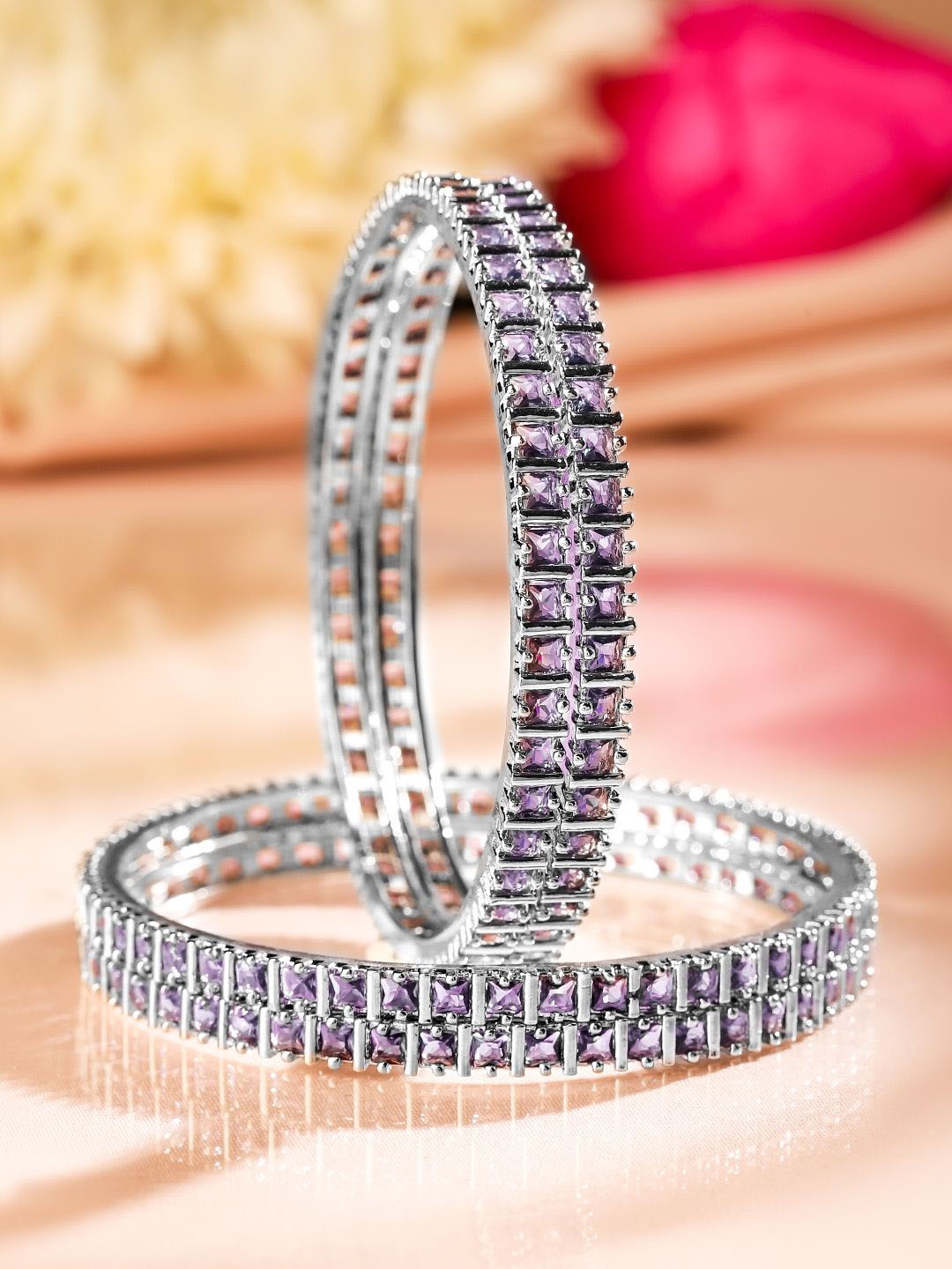 

Rubans Set of 4 Rhodium-Plated Cubic Zirconia Studded Premium Bangles, Silver