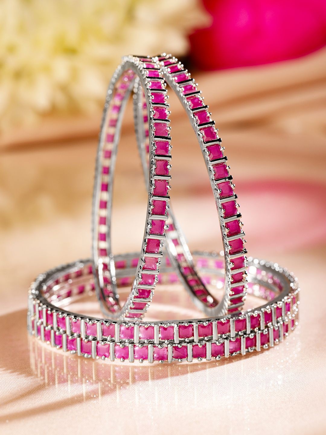 

Rubans Set Of 4 Rhodium-Plated Ruby Cubic Zirconia Studded Premium Bangle, Silver