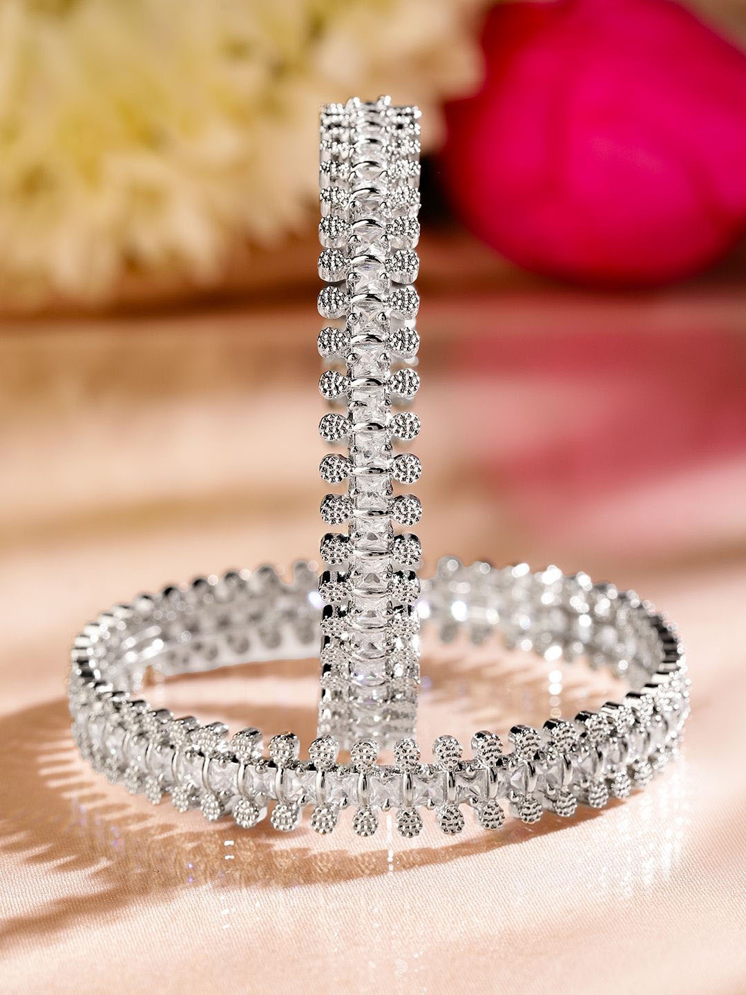 

Rubans Set of 2 Rhodium-Plated Cubic Zirconia Studded Luxe Bangles, Silver