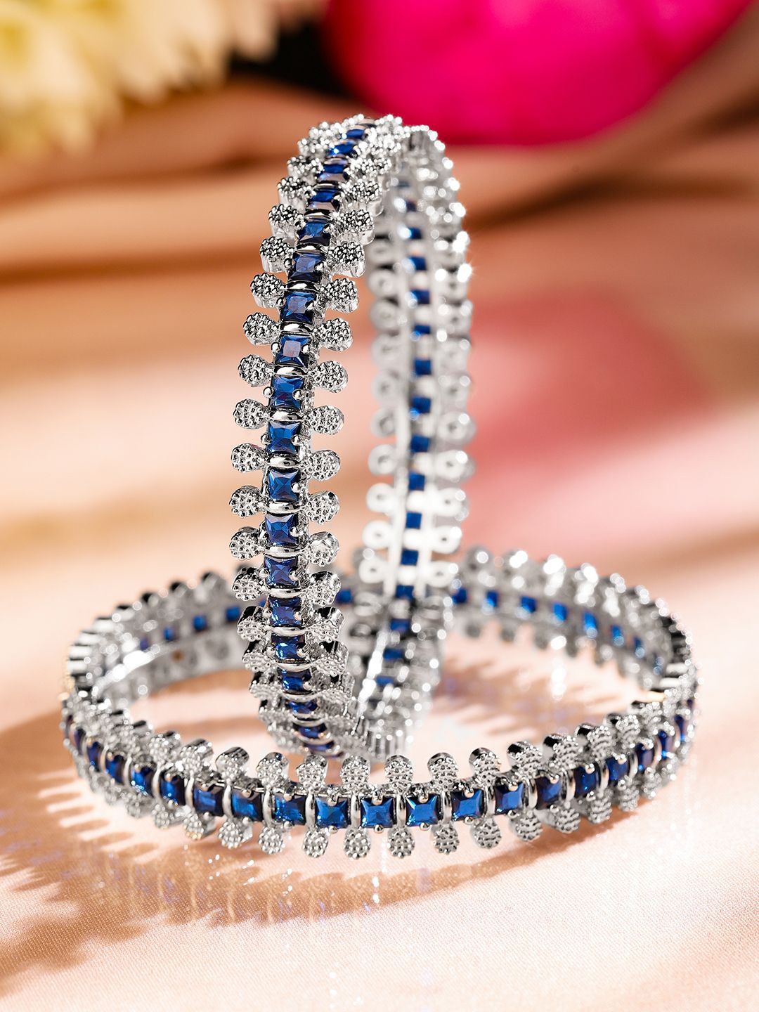 

Rubans Set of 2 Rhodium-Plated Blue & White Cubic Zirconia Studded Luxe Bangle, Silver