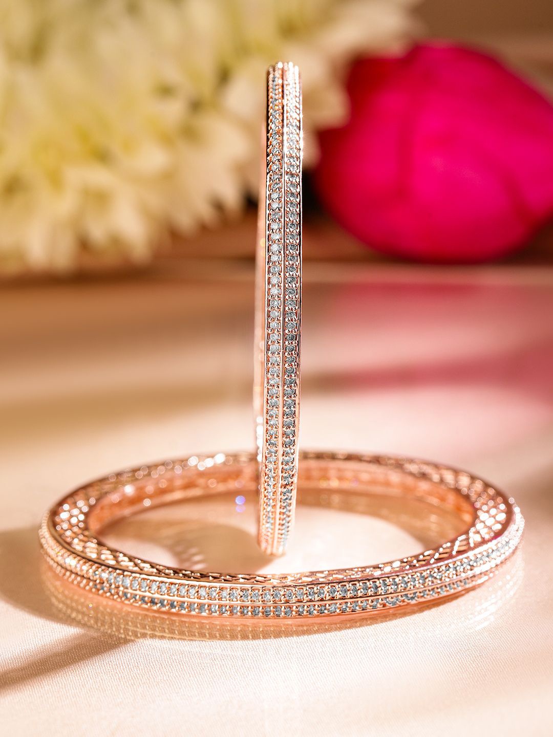 

Rubans Set of 2 22K Rose Gold-Plated Cubic Zirconia Studded Premium Bangles