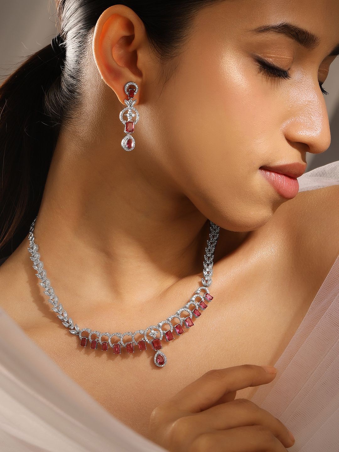 Rubans Rhodium-Plated Ruby & Cubic Zirconia Studded Elegant Necklace Set, Silver