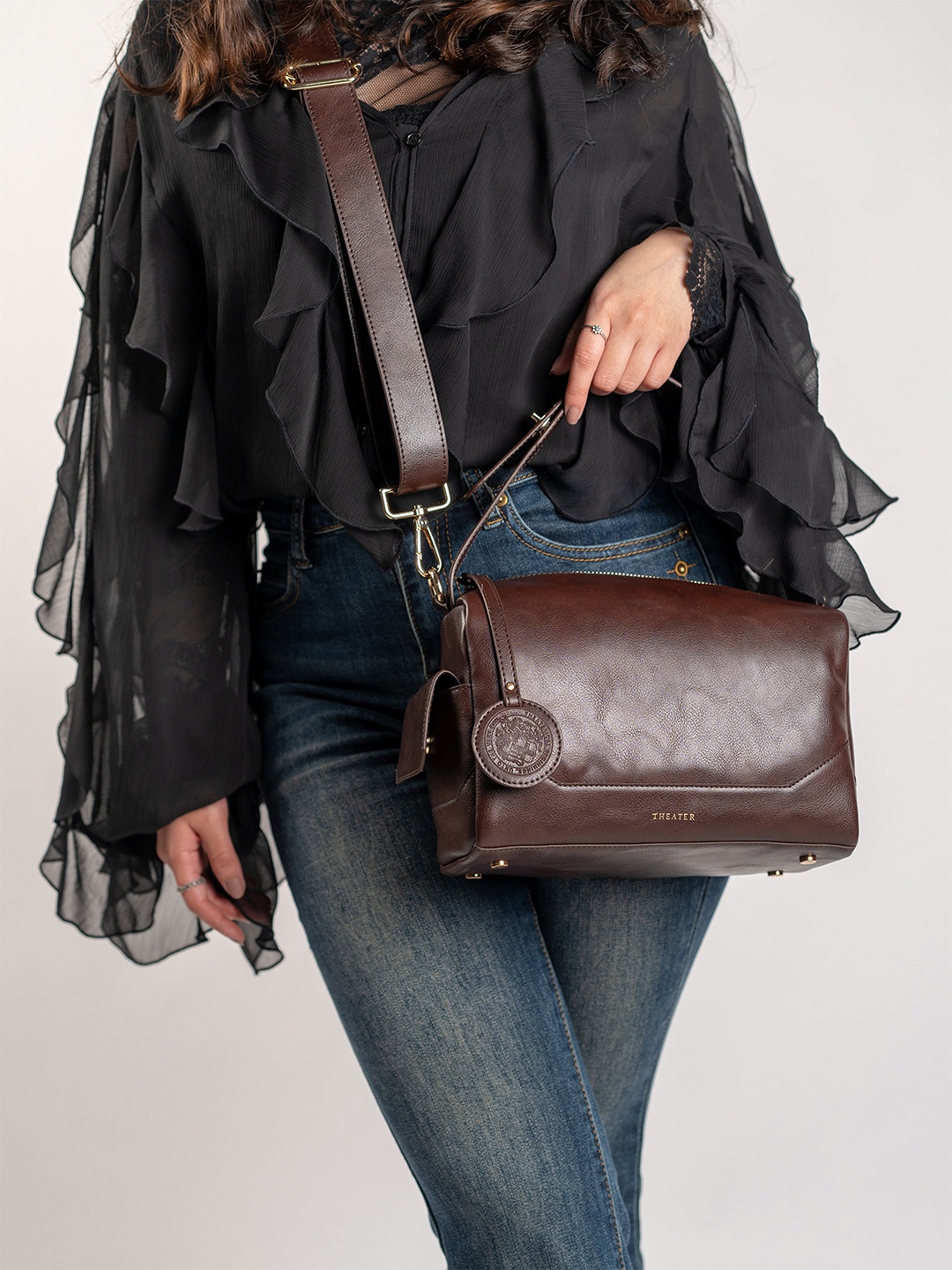 

Theater Suede Structured Handheld Bag, Brown