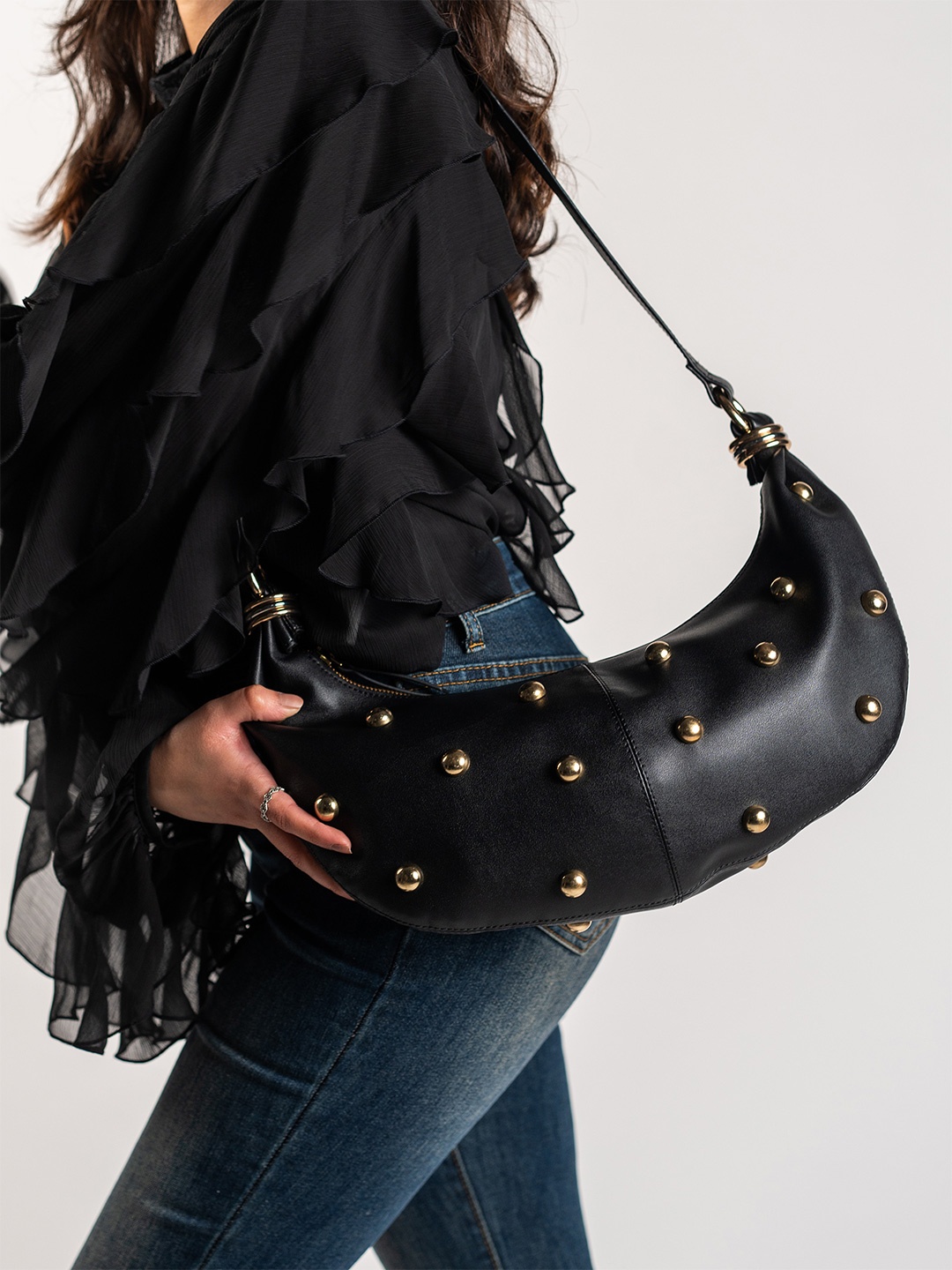 

Theater Suede Structured Handheld Bag with Fringed, Black