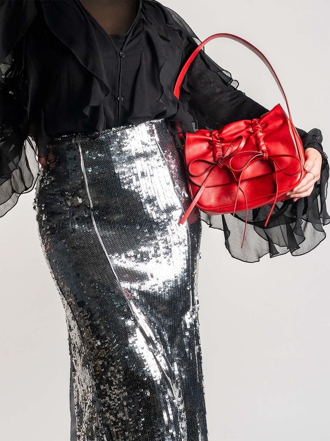 

Theater Suede Structured Handheld Bag with Bow Detail, Red