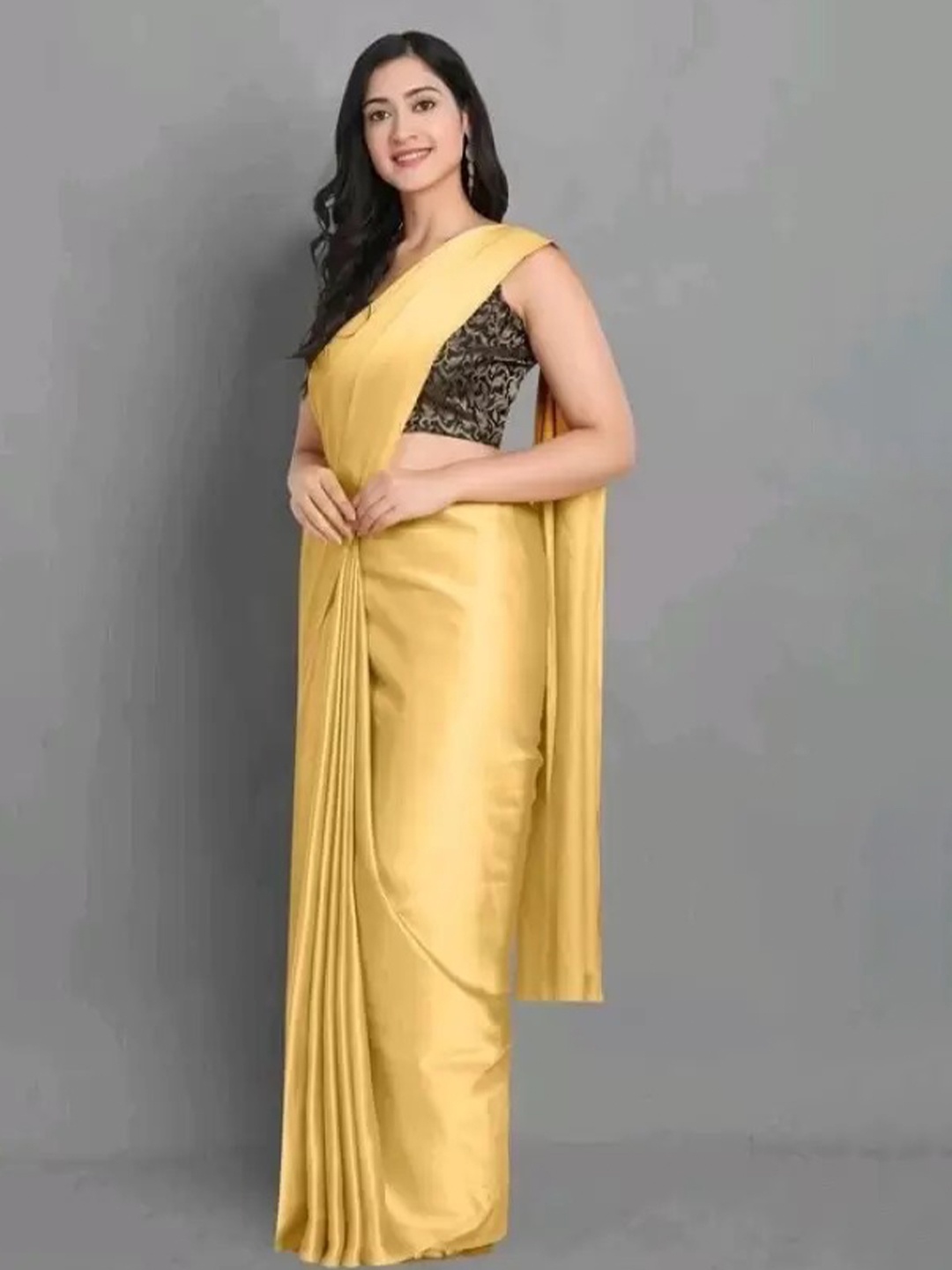 

KALINI Solid Satin Saree with Blouse Piece, Gold