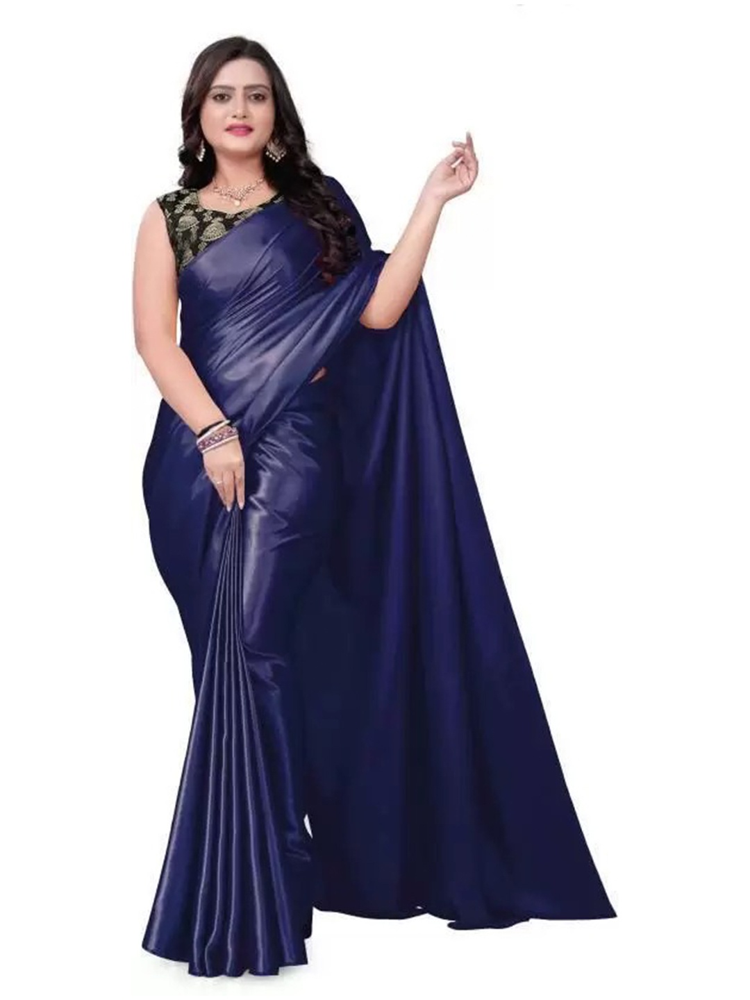 

KALINI Solid Satin Saree With Unstitched Blouse Piece, Navy blue