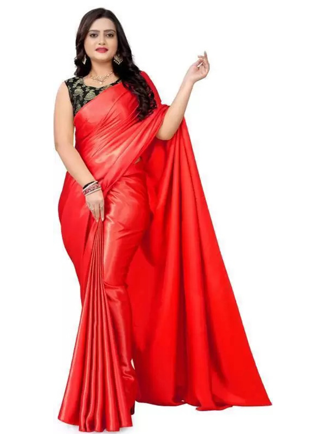 

KALINI Solid Satin Saree with Blouse Piece, Red