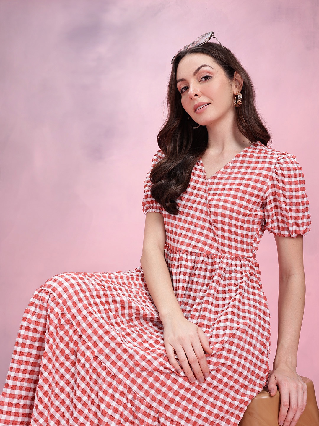 

DressBerry Crinkled Checked Puff Sleeve Fit & Flare Midi Dress, Red