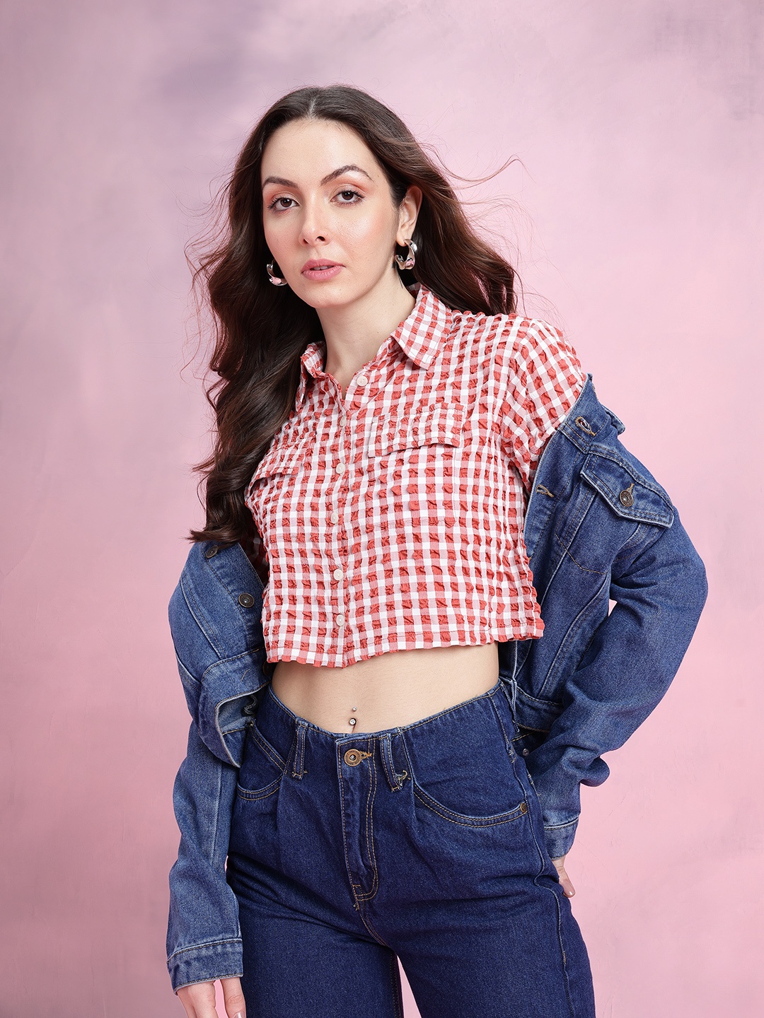 

DressBerry Edgy Textured Gingham Checked Cropped Boxy Casual Shirt, Red