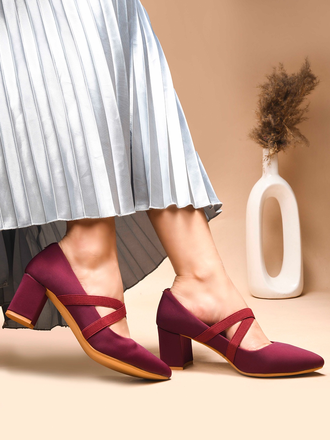 

SHUZ TOUCH Women Mary Jane Pumps criss cross Strap Pointed Toe Chunky Block Heel Shoes, Maroon