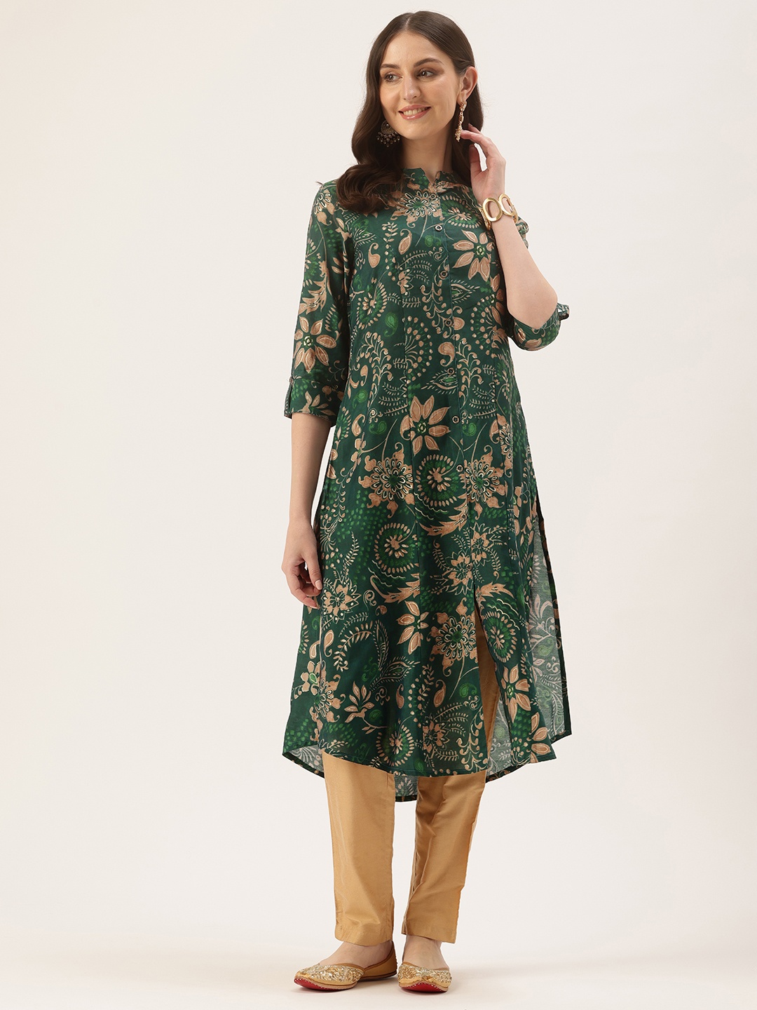 

AMUKTI Floral Printed A-Line Kurta, Green