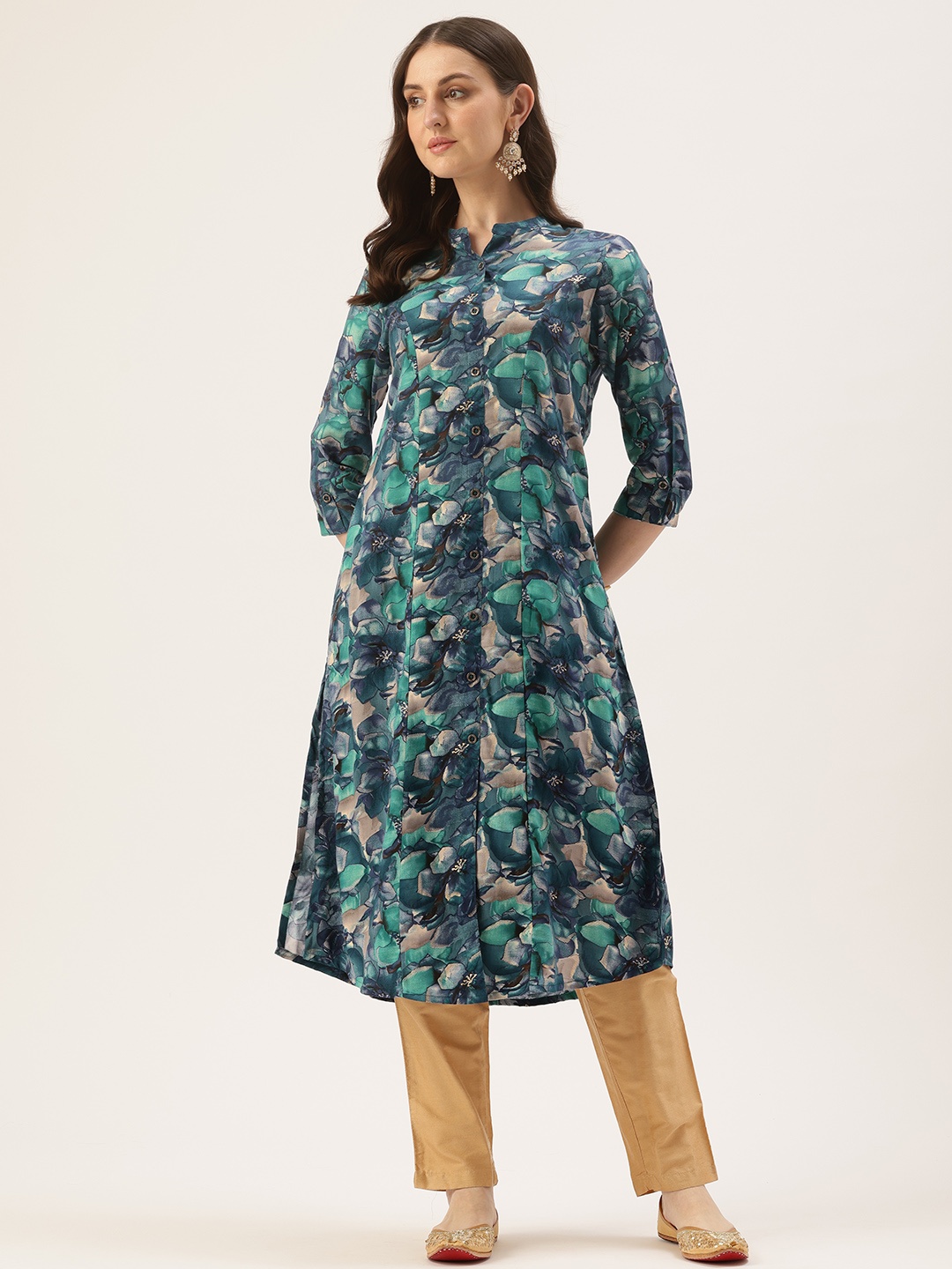 

AMUKTI Floral Printed Roll Up Sleeves A-Line Kurta, Blue
