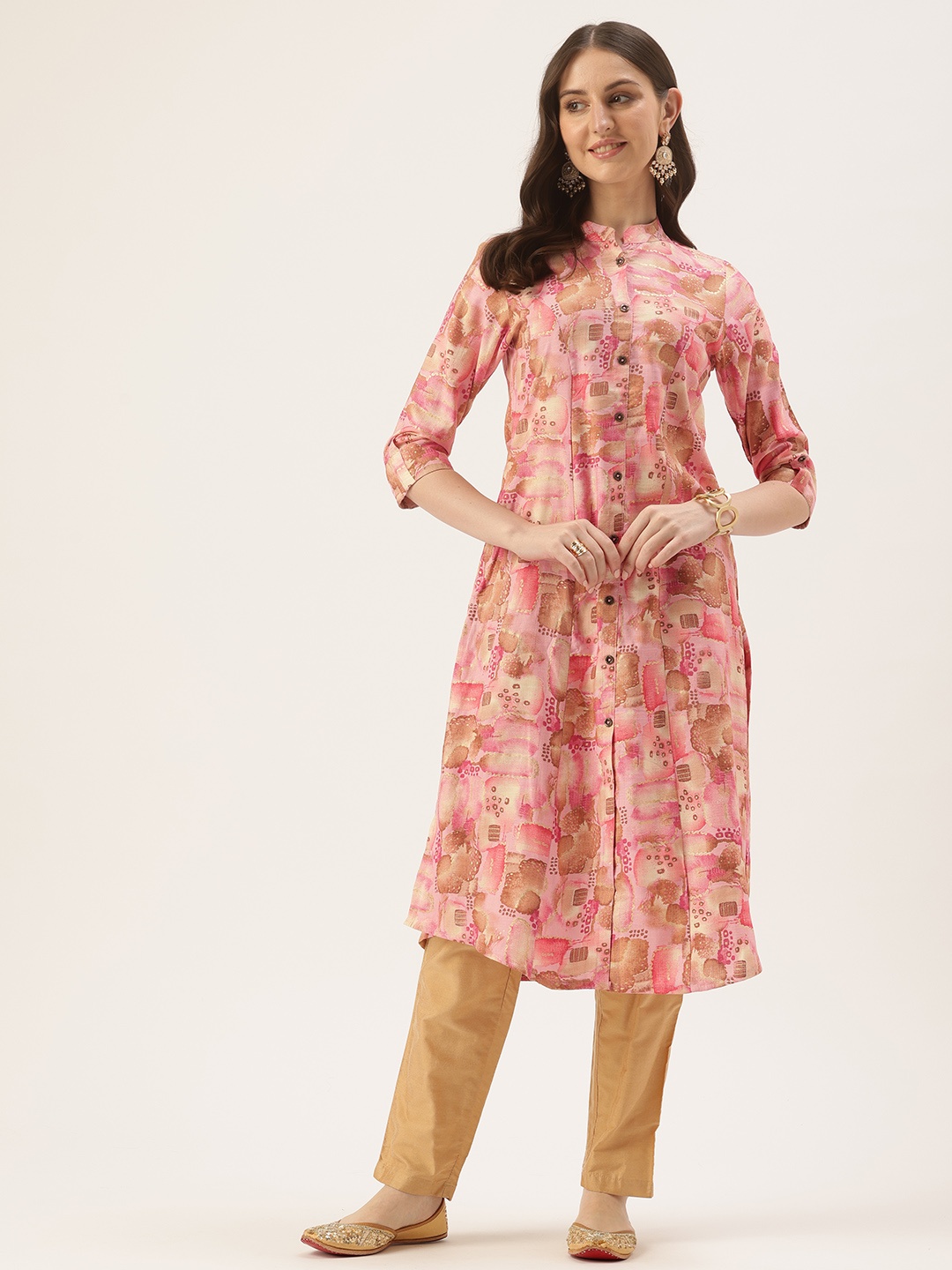 

AMUKTI Floral Printed Roll Up Sleeves Kurta, Pink