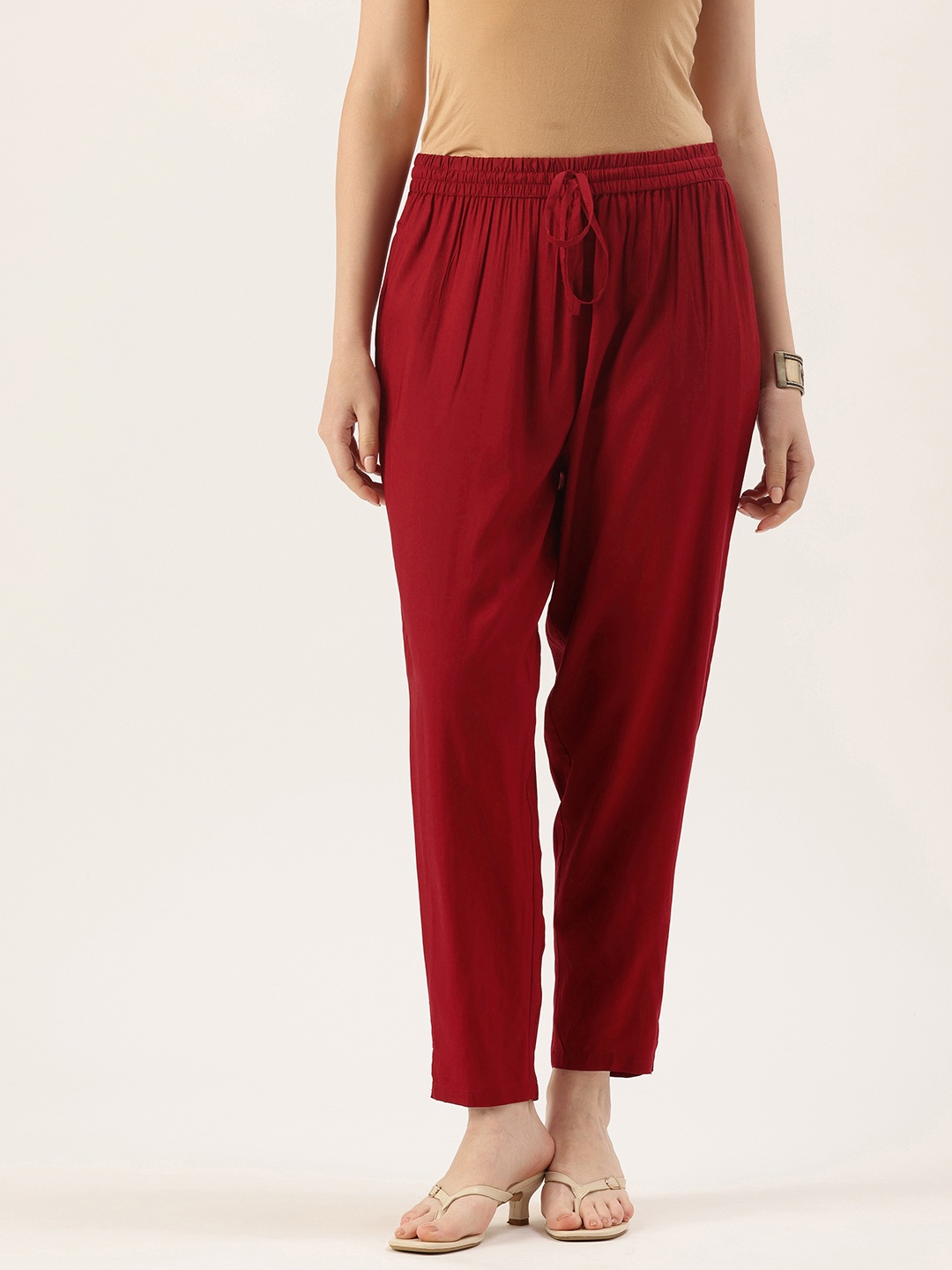 

AMUKTI Women Pencil Pleated Cigarette Trousers, Red
