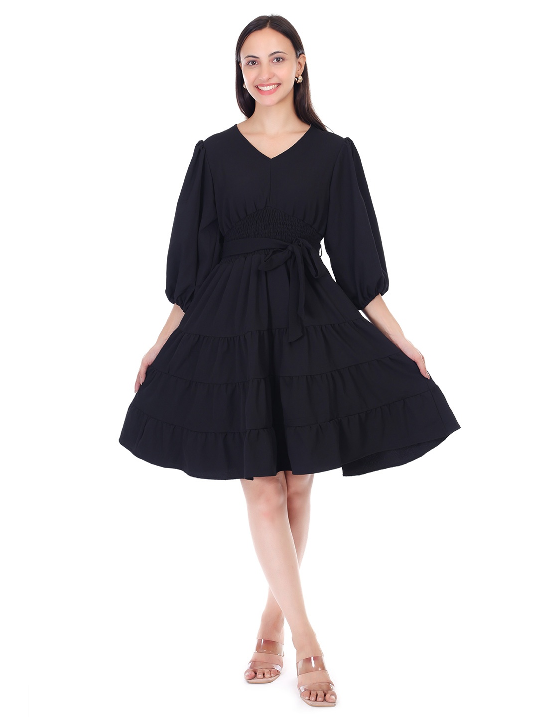 

JAITRA APPARELS Puff Sleeve Crepe Fit & flare Dress, Black