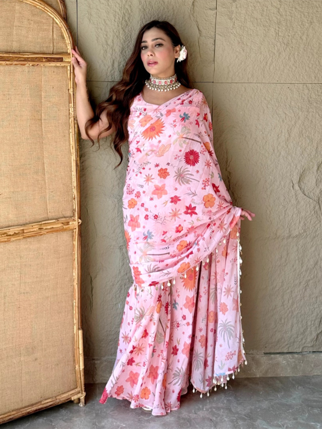 

LABEL KANUPRIYA Floral Printed Palazzo Saree, Pink