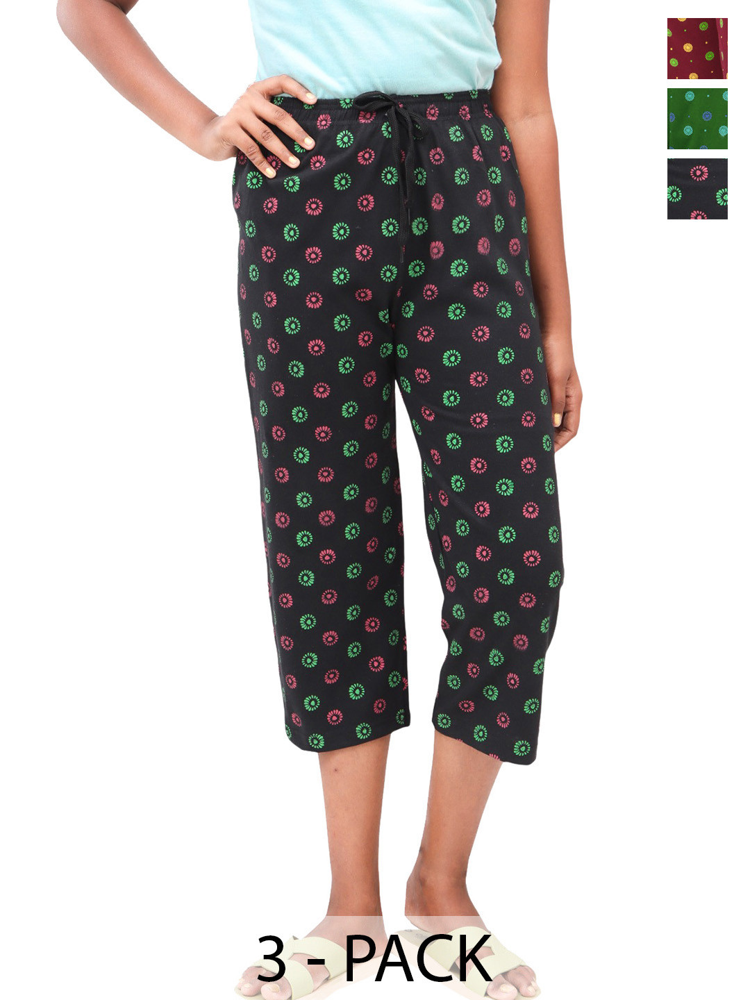 

AFRA GARMENTS Women Pack of 3 Cotton Printed Capris, Maroon