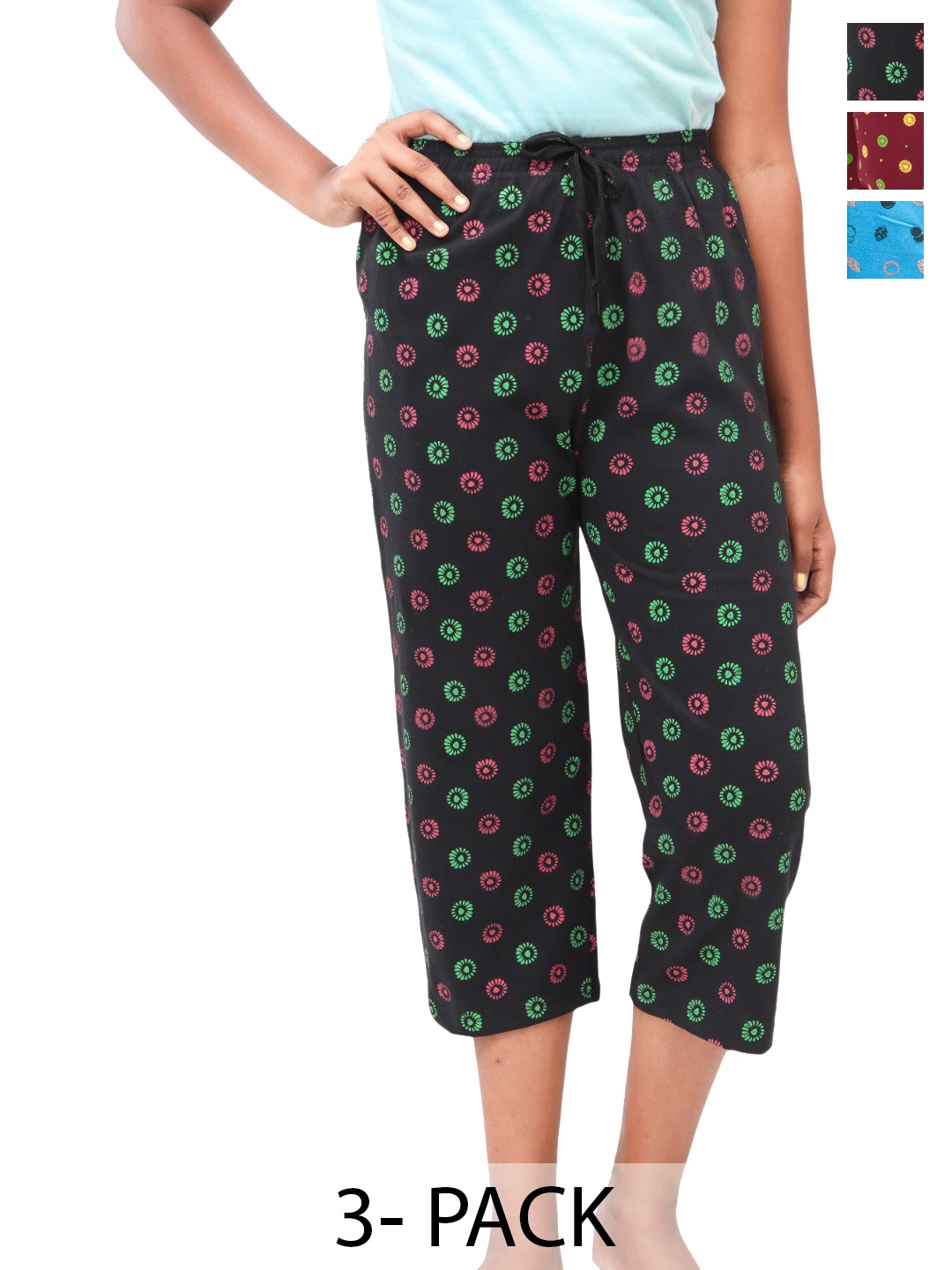 

AFRA GARMENTS Women Pack of 3 Printed Regular Fit Cotton Capris, Maroon