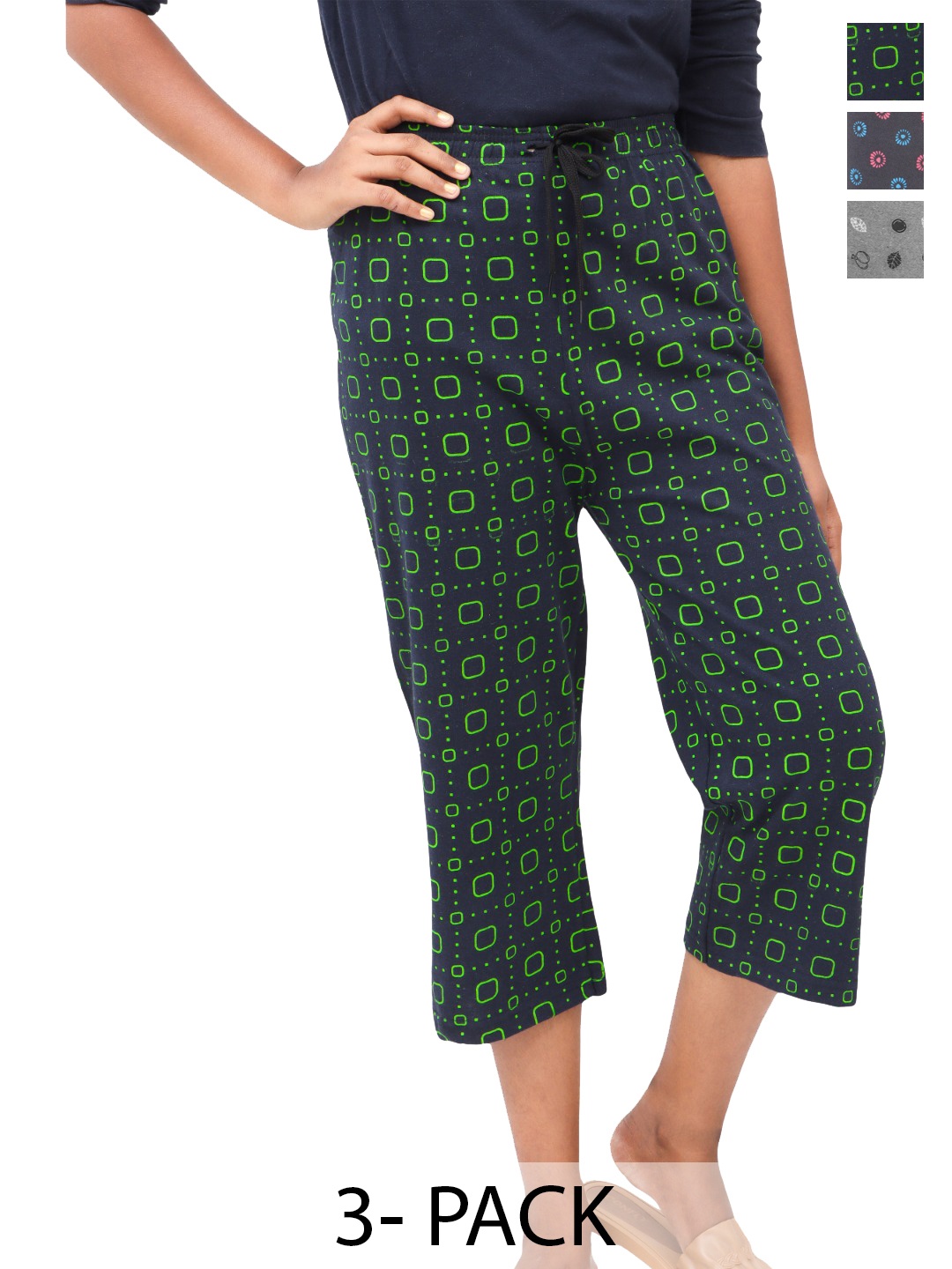 

AFRA GARMENTS Women Pack Of 3 Printed Capris, Grey melange